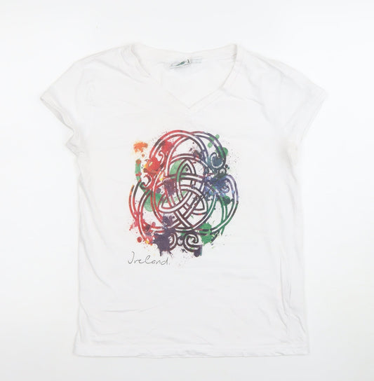 Traditional Craftwear Women White Ireland V-Neck T-Shirt Size 10 Celtic Print