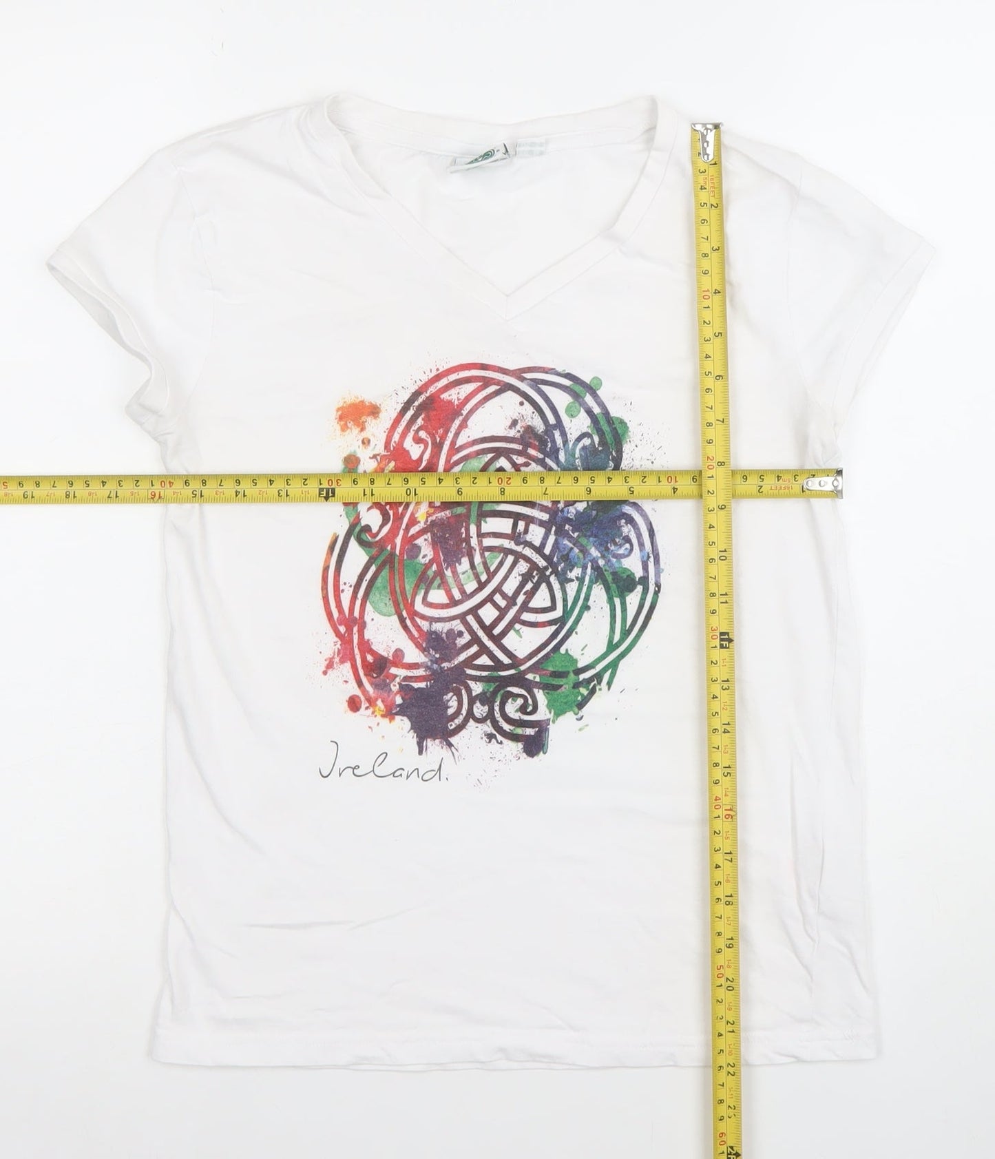 Traditional Craftwear Women White Ireland V-Neck T-Shirt Size 10 Celtic Print