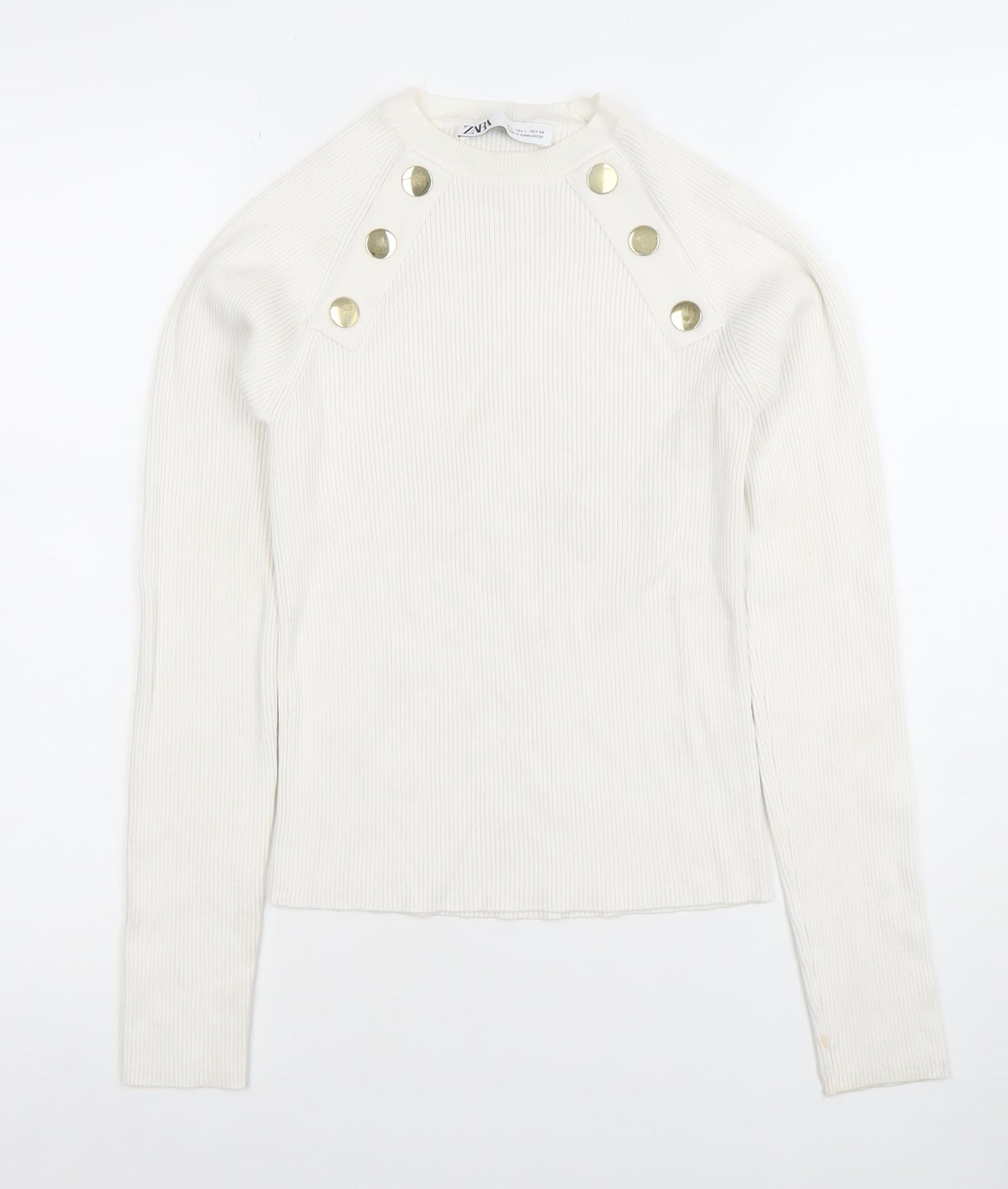 ZARA Women Ivory Long Sleeve Ribbed Button Knit Top Size L