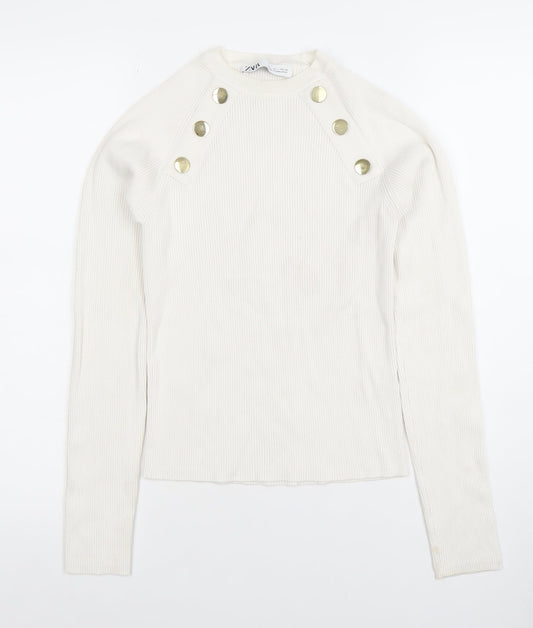 ZARA Women Ivory Long Sleeve Ribbed Button Knit Top Size L