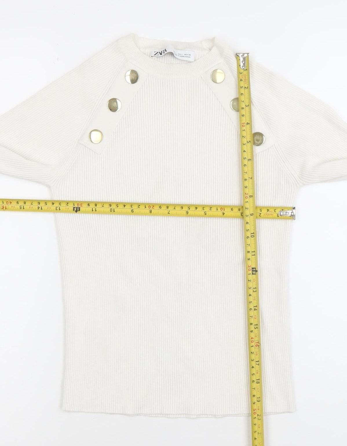 ZARA Women Ivory Long Sleeve Ribbed Button Knit Top Size L