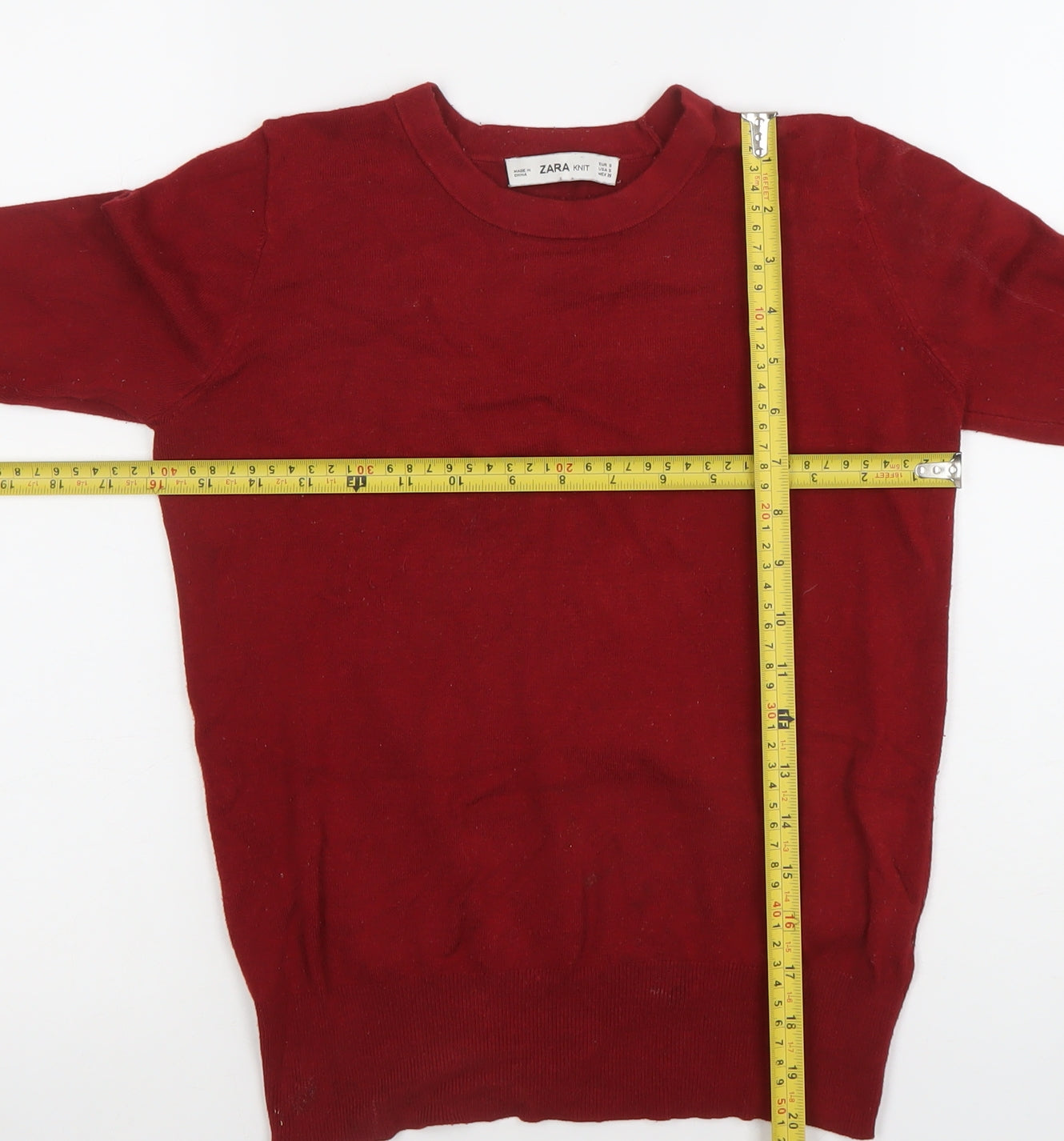 Zara Women Red Knit Crew Neck Long Sleeve Button Trim Top Size 8