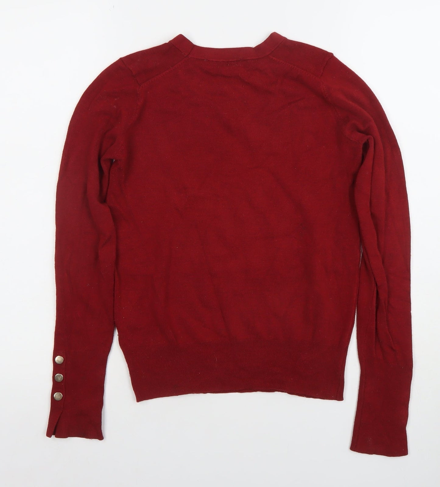 Zara Women Red Knit Crew Neck Long Sleeve Button Trim Top Size 8