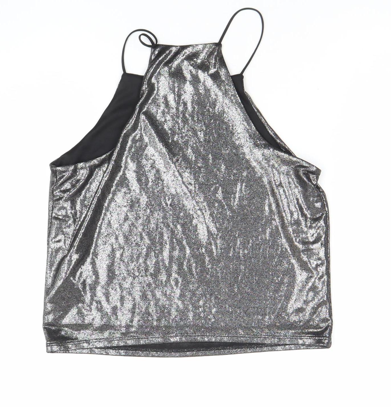 Topshop Petite Silver Metallic Halter Camisole Top UK 10 Womens Party
