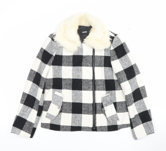 Missguided Women’s Black & White Checked Faux Fur Collar Wool Blend Jacket Size 10