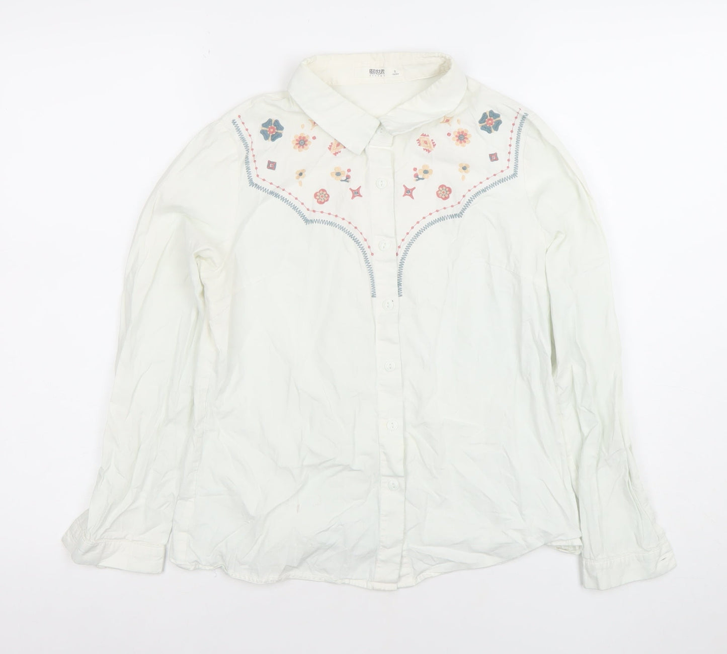SLLSKY Womens White Embroidered Cotton Button-Up Shirt XS