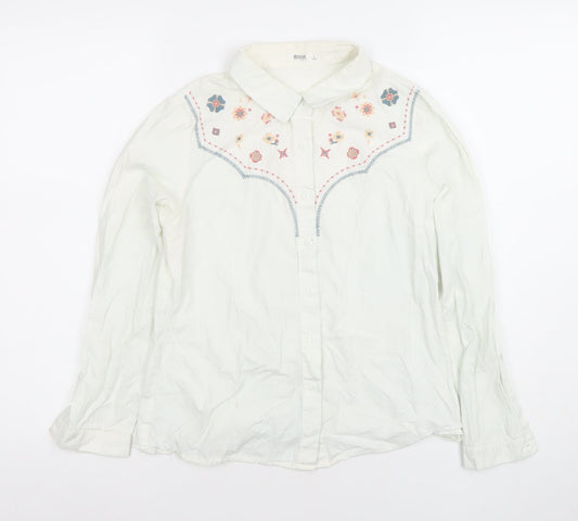 SLLSKY Womens White Embroidered Cotton Button-Up Shirt XS