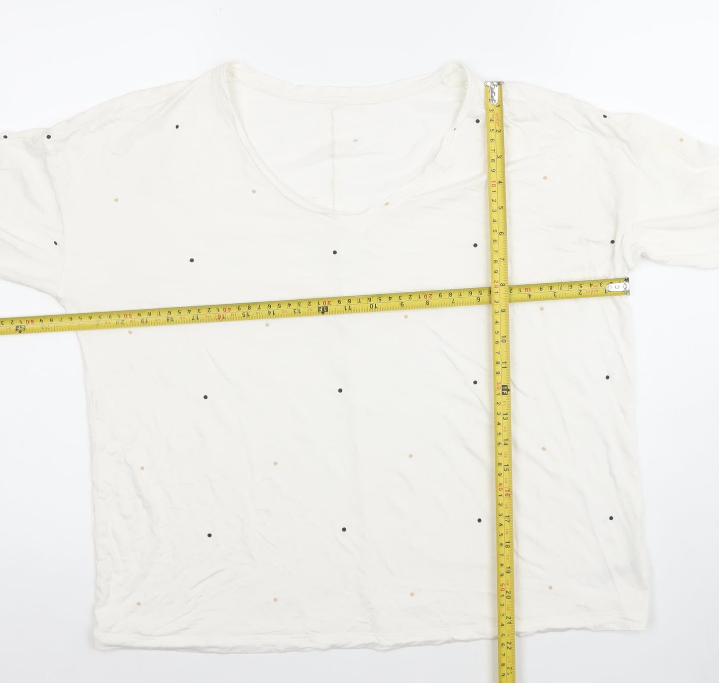 Dunnes Stores Women’s Ivory Polka Dot Long Sleeve V-Neck Jersey T-Shirt Size 14