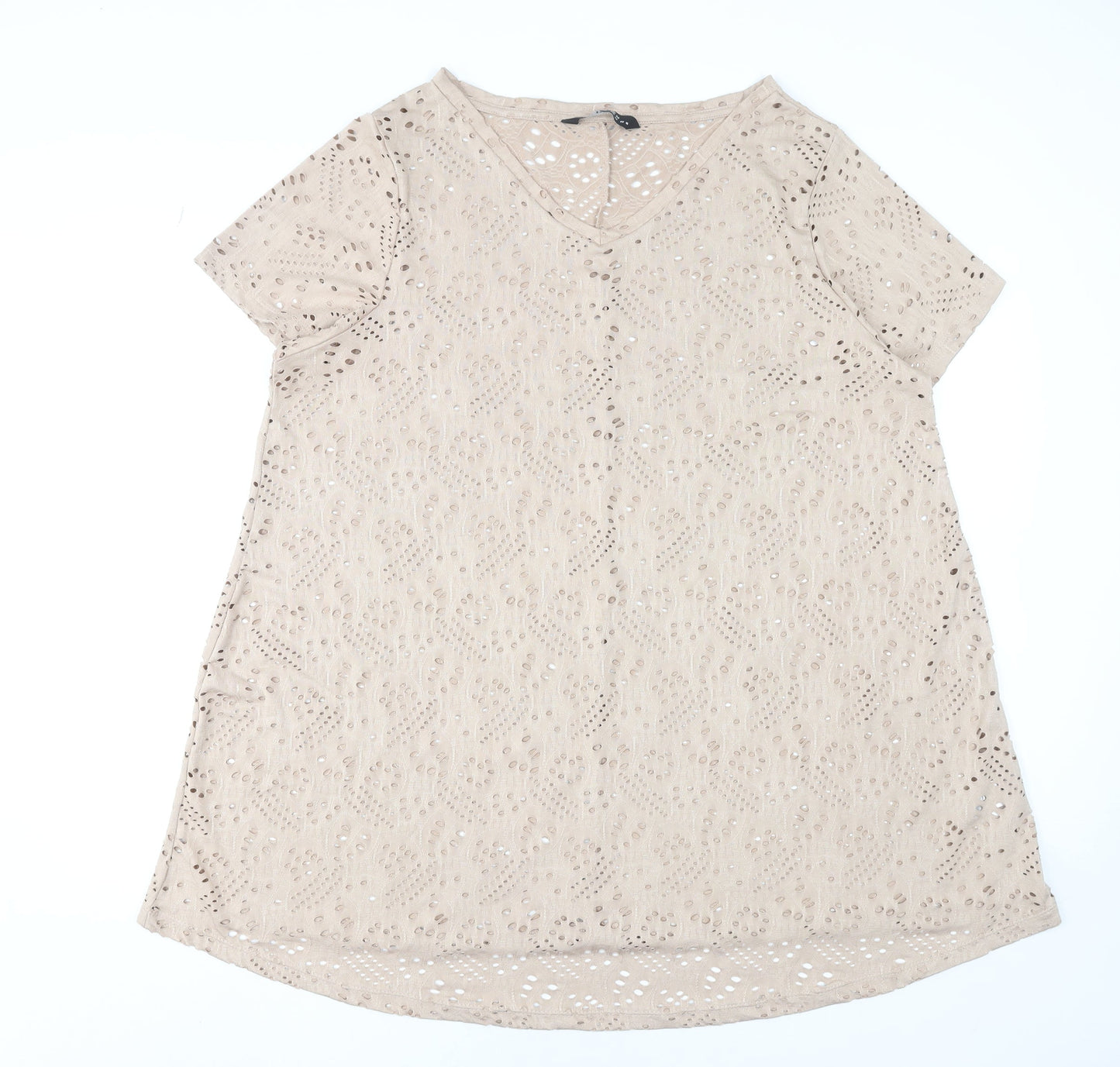 Yours Women’s Beige Plus Size 20 V-Neck Cutwork Short Sleeve T-Shirt