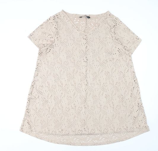 Yours Women’s Beige Plus Size 20 V-Neck Cutwork Short Sleeve T-Shirt