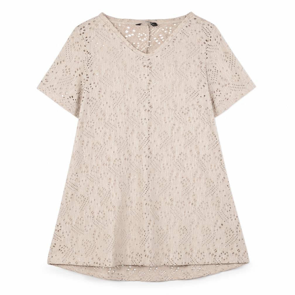 Yours Women’s Beige Plus Size 20 V-Neck Cutwork Short Sleeve T-Shirt