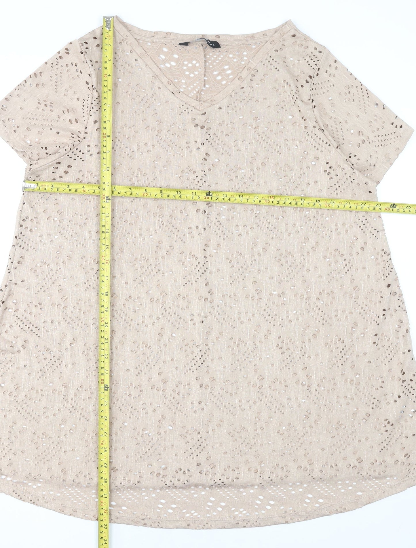 Yours Women’s Beige Plus Size 20 V-Neck Cutwork Short Sleeve T-Shirt