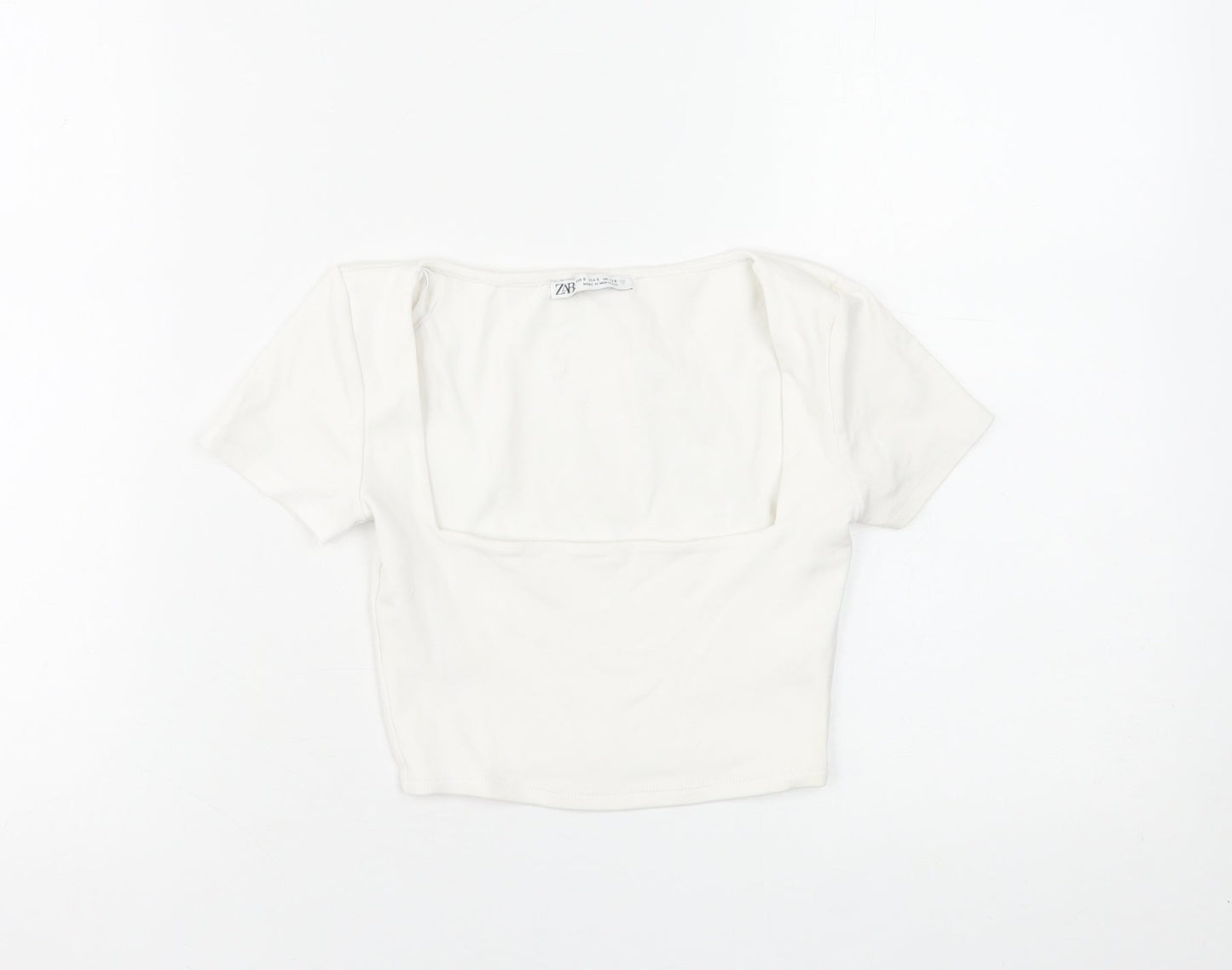 Zara Women White Cropped Square Neck Short Sleeve T-Shirt S