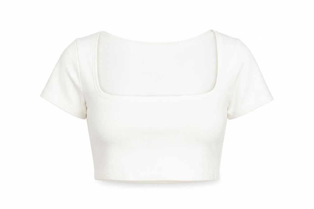 Zara Women White Cropped Square Neck Short Sleeve T-Shirt S