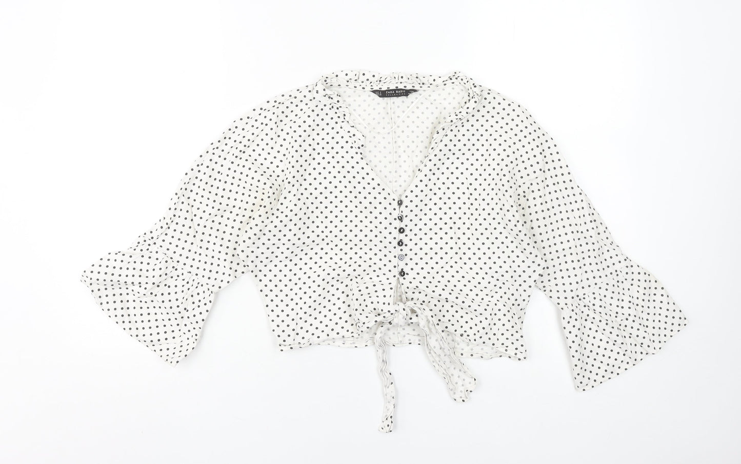 Zara Women’s White Polka Dot Cropped Blouse Size S Cotton Linen