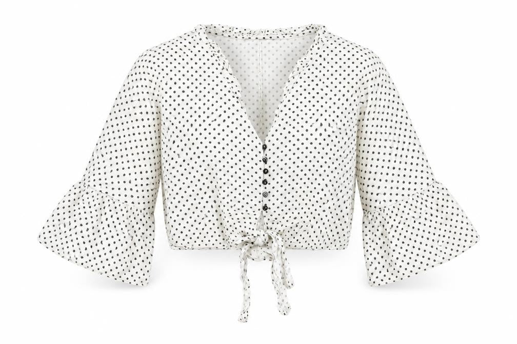 Zara Women’s White Polka Dot Cropped Blouse Size S Cotton Linen