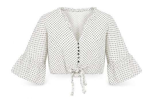 Zara Women’s White Polka Dot Cropped Blouse Size S Cotton Linen