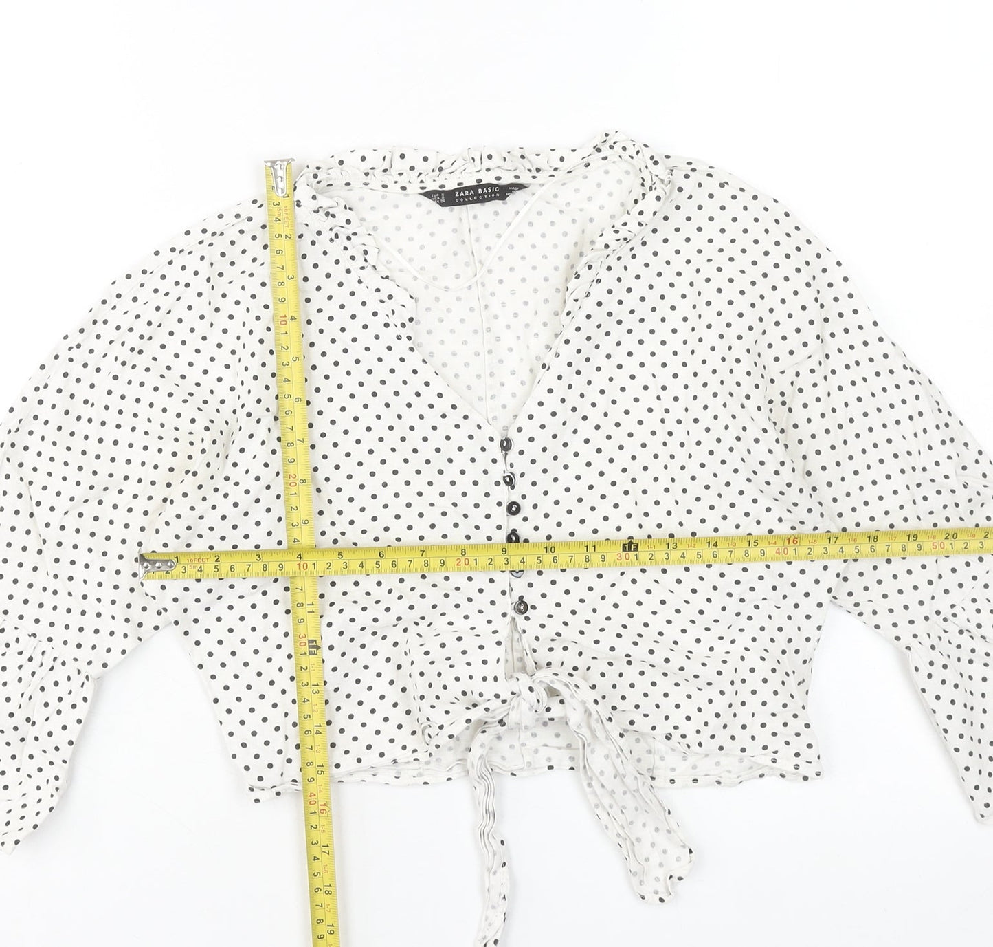 Zara Women’s White Polka Dot Cropped Blouse Size S Cotton Linen