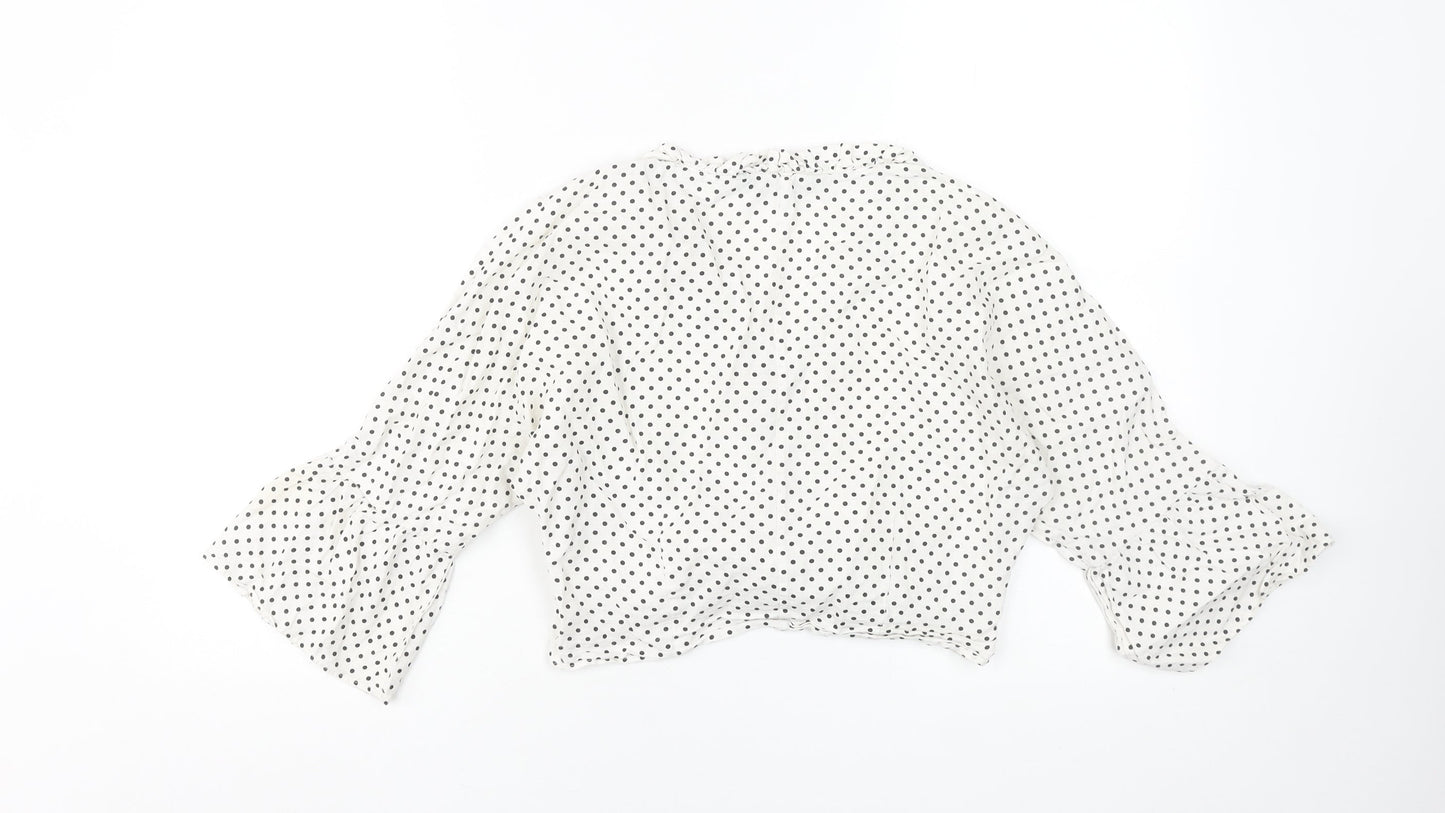 Zara Women’s White Polka Dot Cropped Blouse Size S Cotton Linen