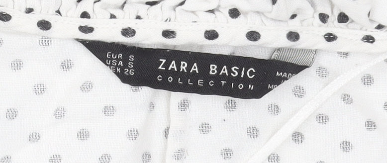Zara Women’s White Polka Dot Cropped Blouse Size S Cotton Linen