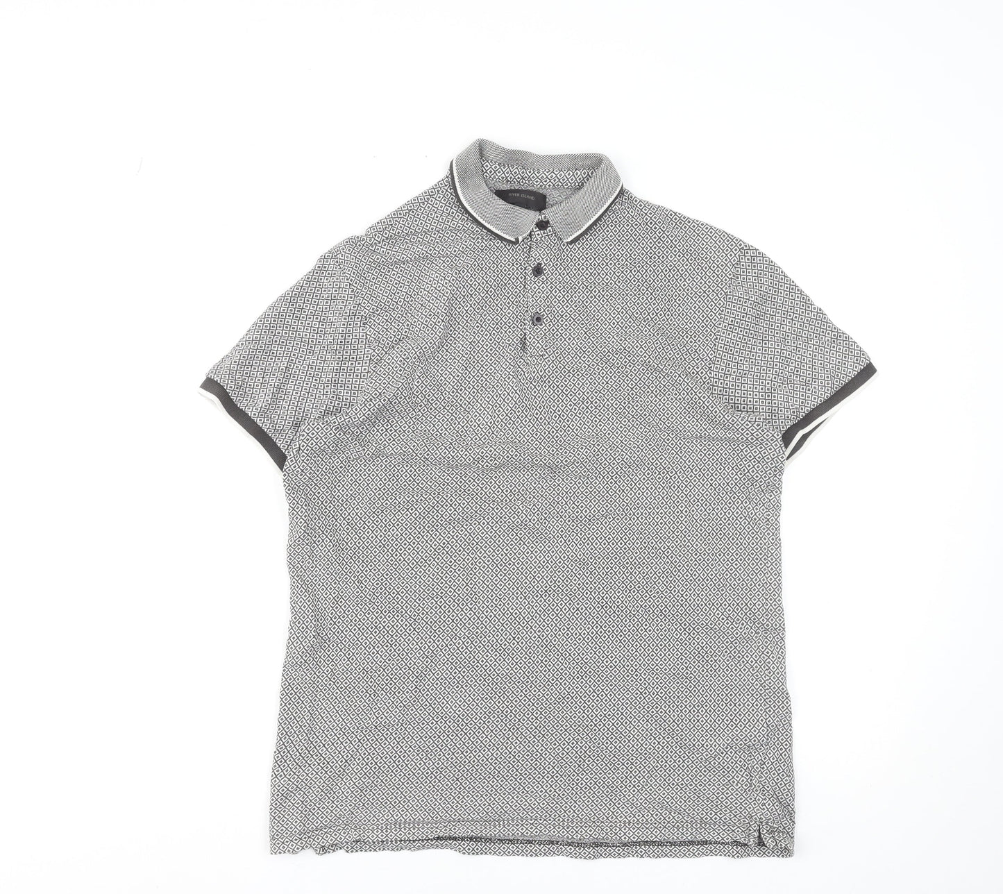 River Island Men's Grey Geometric Pattern Polo Shirt Size M