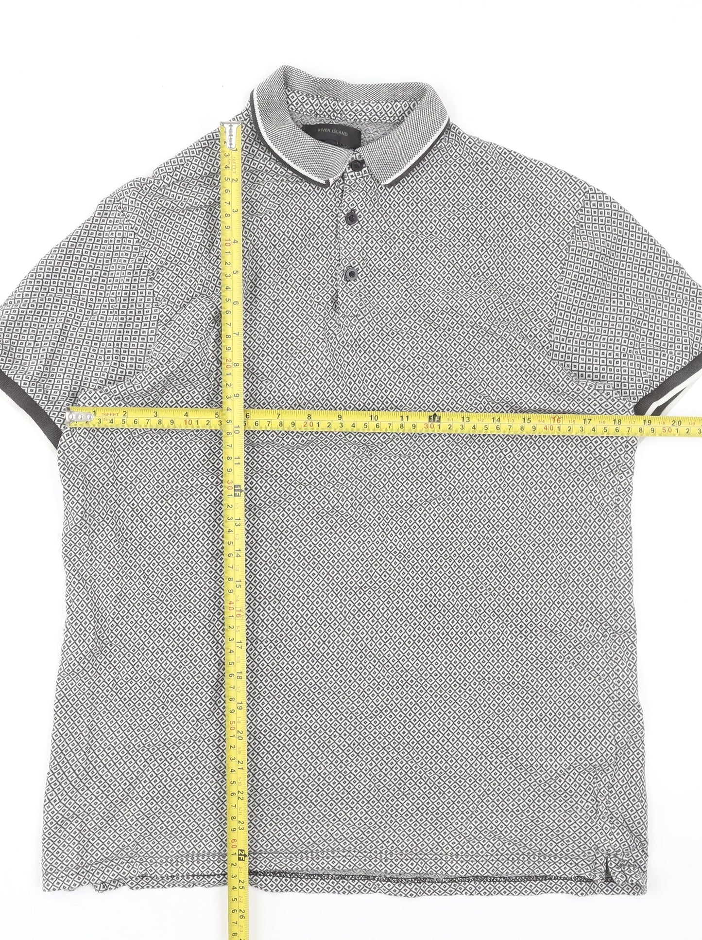 River Island Men's Grey Geometric Pattern Polo Shirt Size M