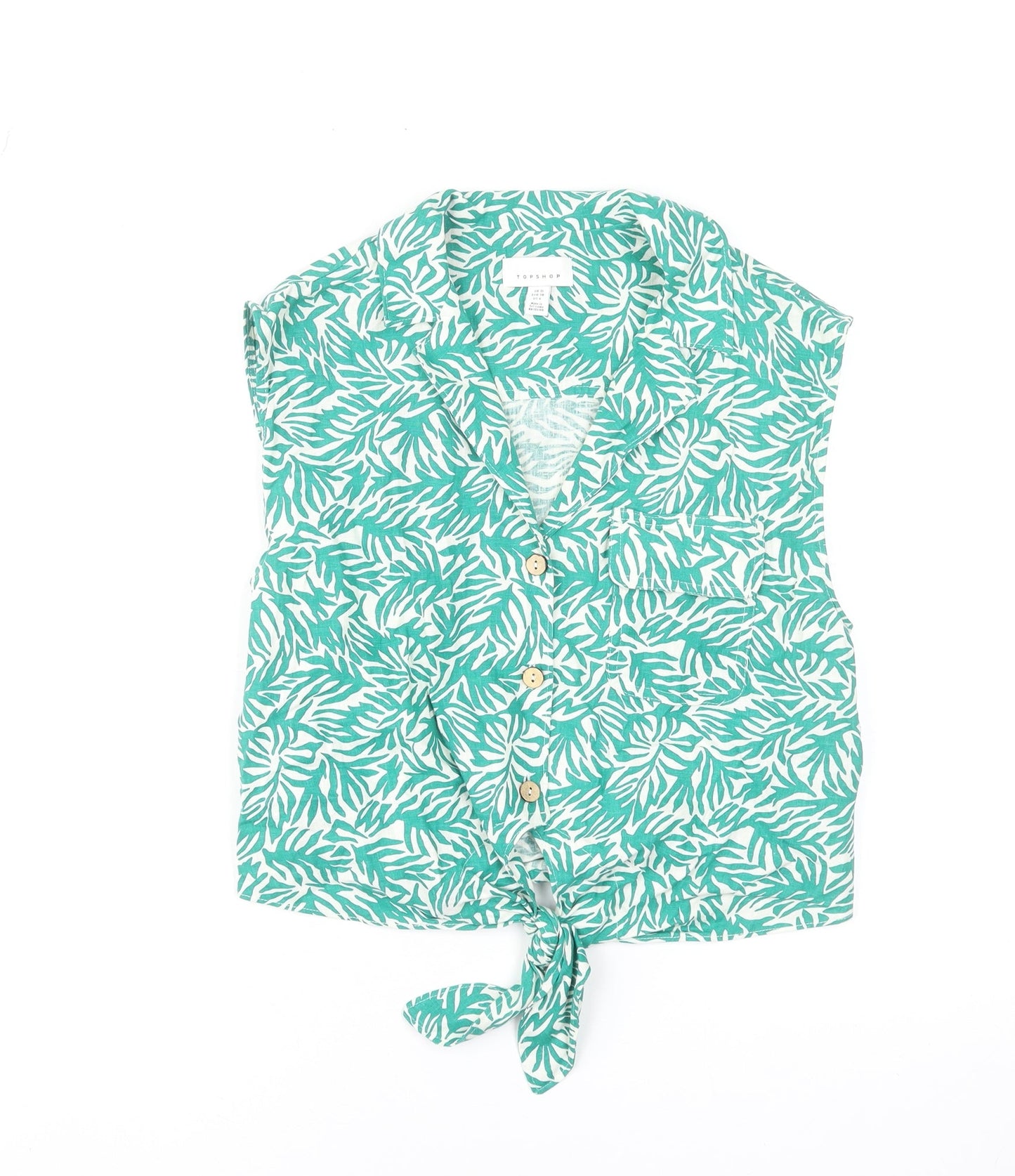 Topshop Women's Green Tropical Linen Blend Cropped Blouse UK 10