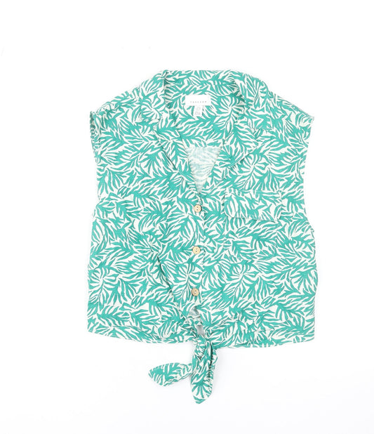 Topshop Women's Green Tropical Linen Blend Cropped Blouse UK 10