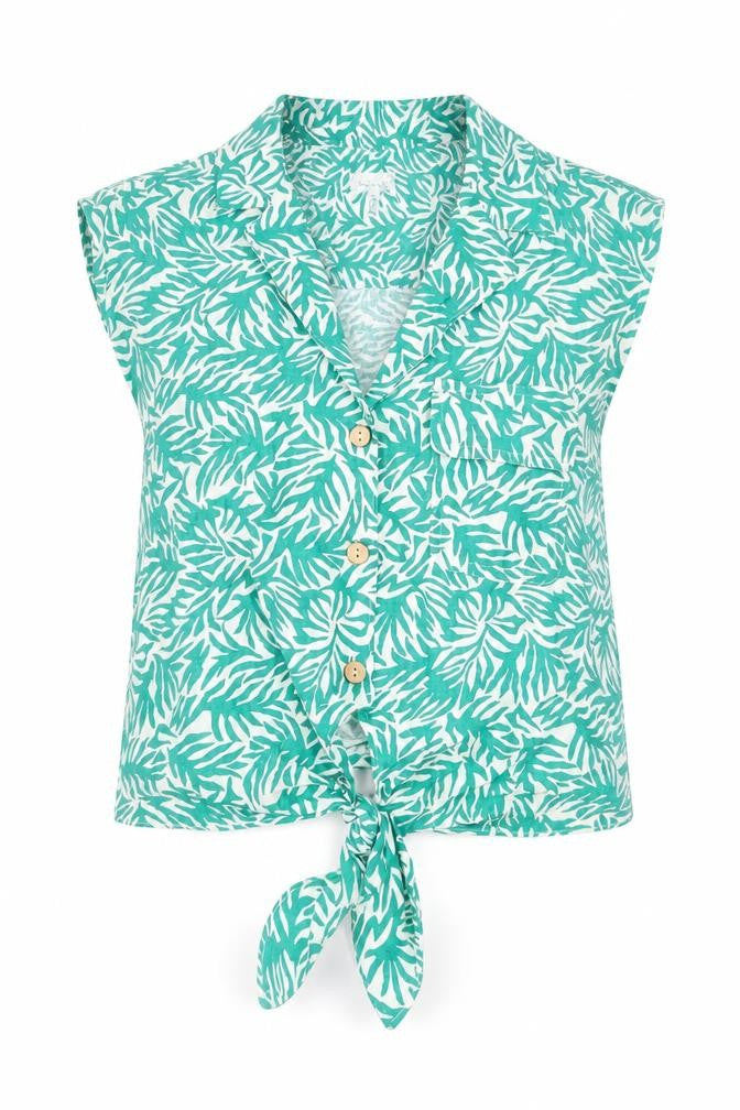 Topshop Women's Green Tropical Linen Blend Cropped Blouse UK 10