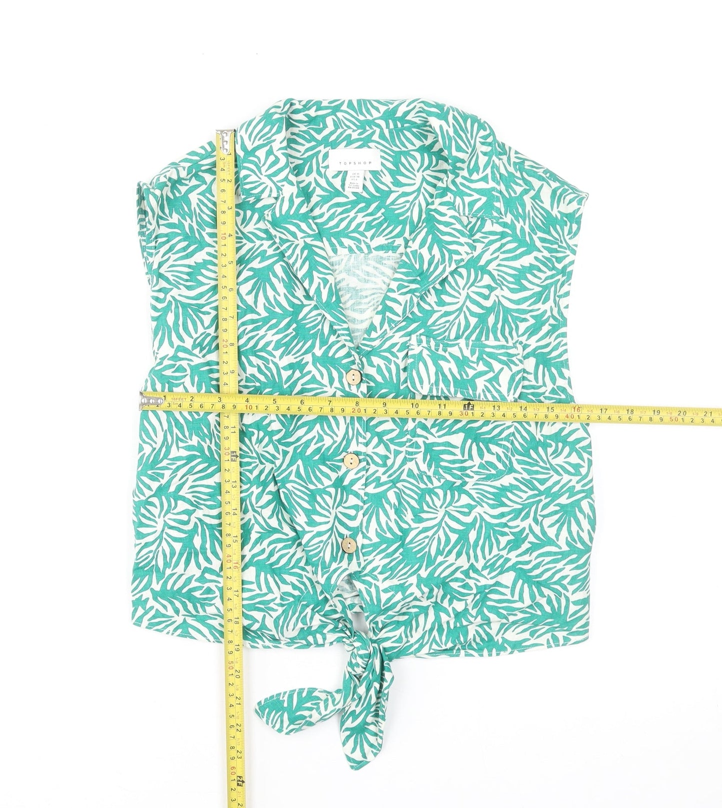 Topshop Women's Green Tropical Linen Blend Cropped Blouse UK 10