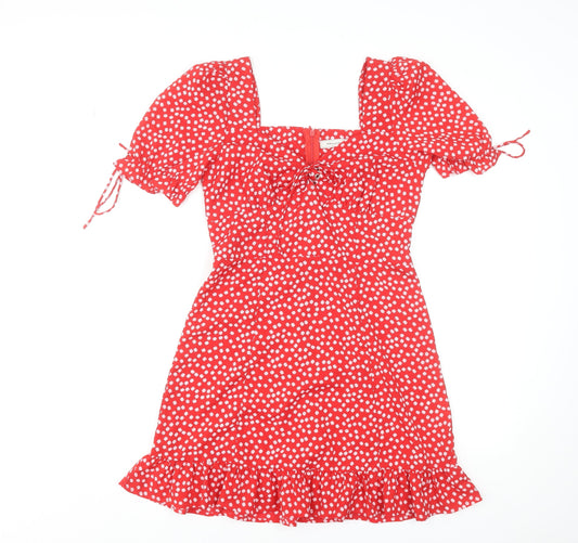 Vera & Lucy Women's Red Floral Mini Dress Size M Puff Sleeve Ruffle Hem