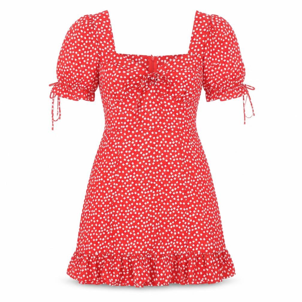 Vera & Lucy Women's Red Floral Mini Dress Size M Puff Sleeve Ruffle Hem