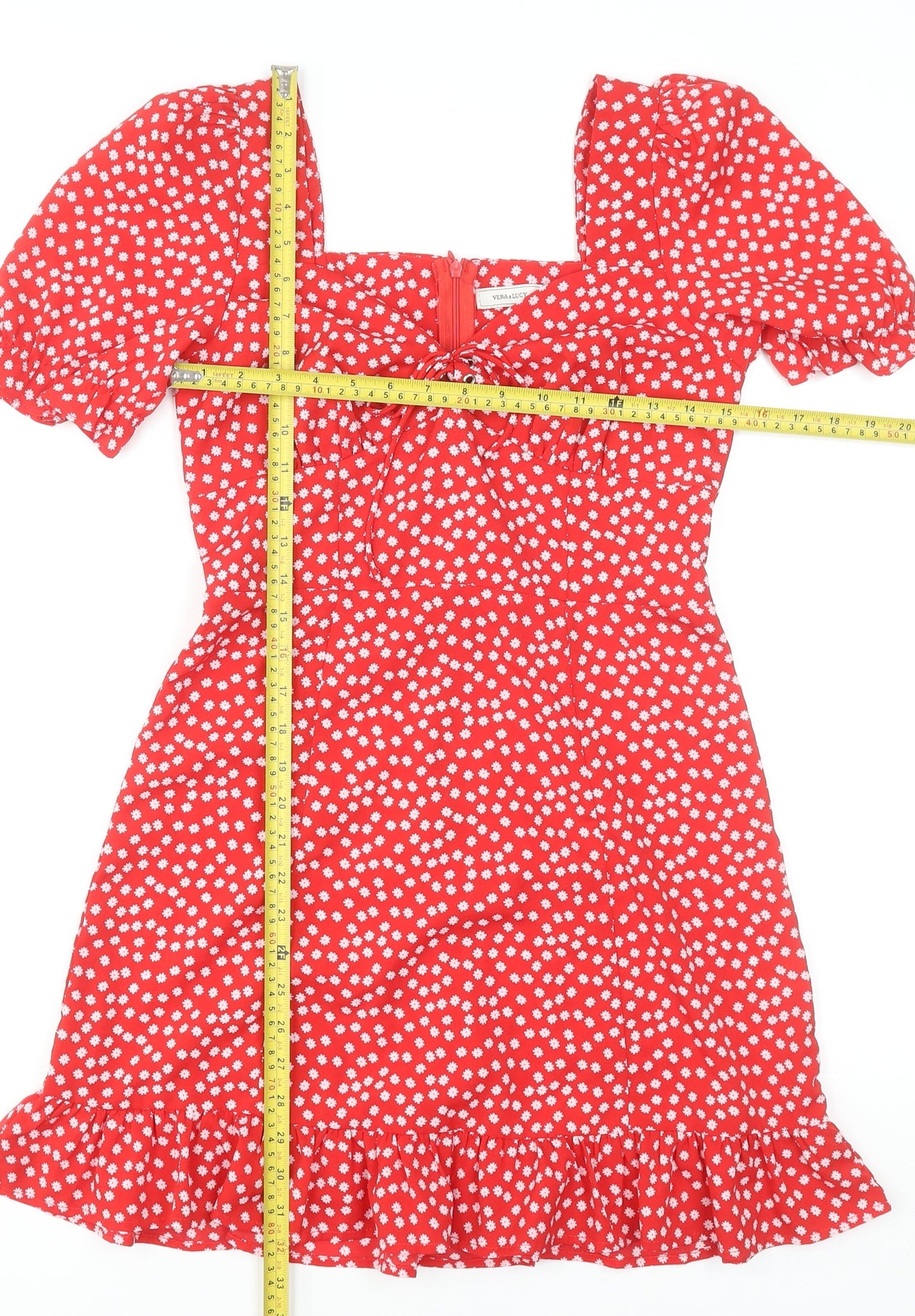 Vera & Lucy Women's Red Floral Mini Dress Size M Puff Sleeve Ruffle Hem