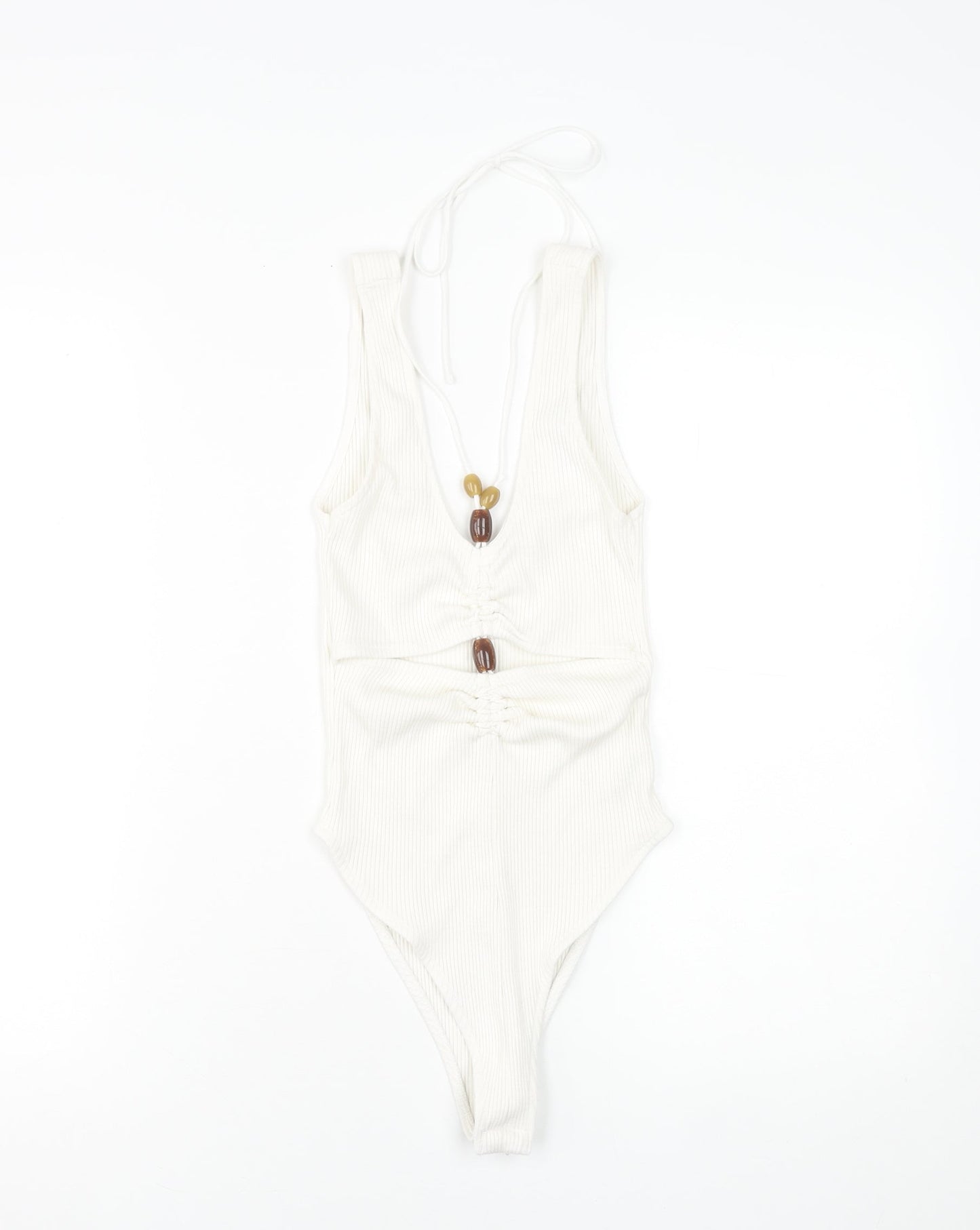 Zara Women’s Ivory Halter Ruched Ribbed Bodysuit Size S