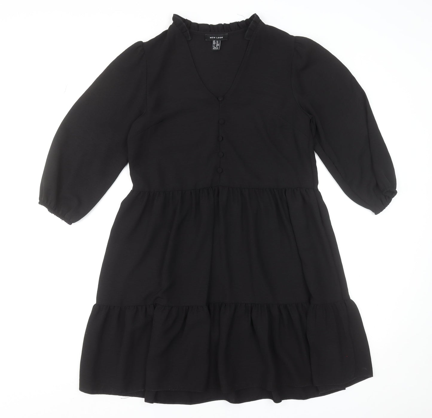 New Look Women Black Size 8 Short Smock Dress 3/4 Sleeve V-Neck