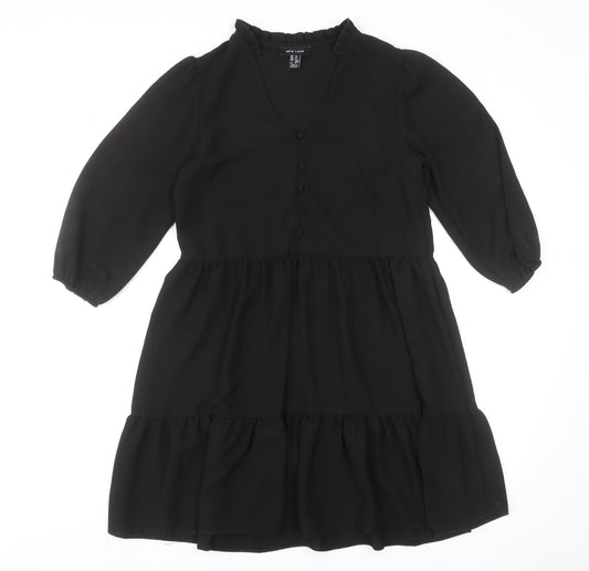 New Look Women Black Size 8 Short Smock Dress 3/4 Sleeve V-Neck