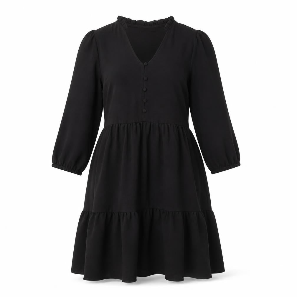New Look Women Black Size 8 Short Smock Dress 3/4 Sleeve V-Neck