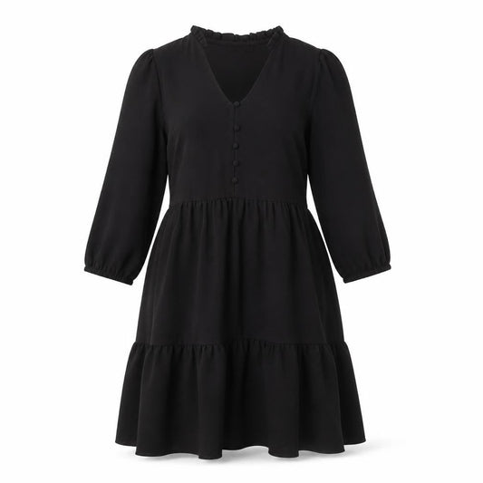 New Look Women Black Size 8 Short Smock Dress 3/4 Sleeve V-Neck