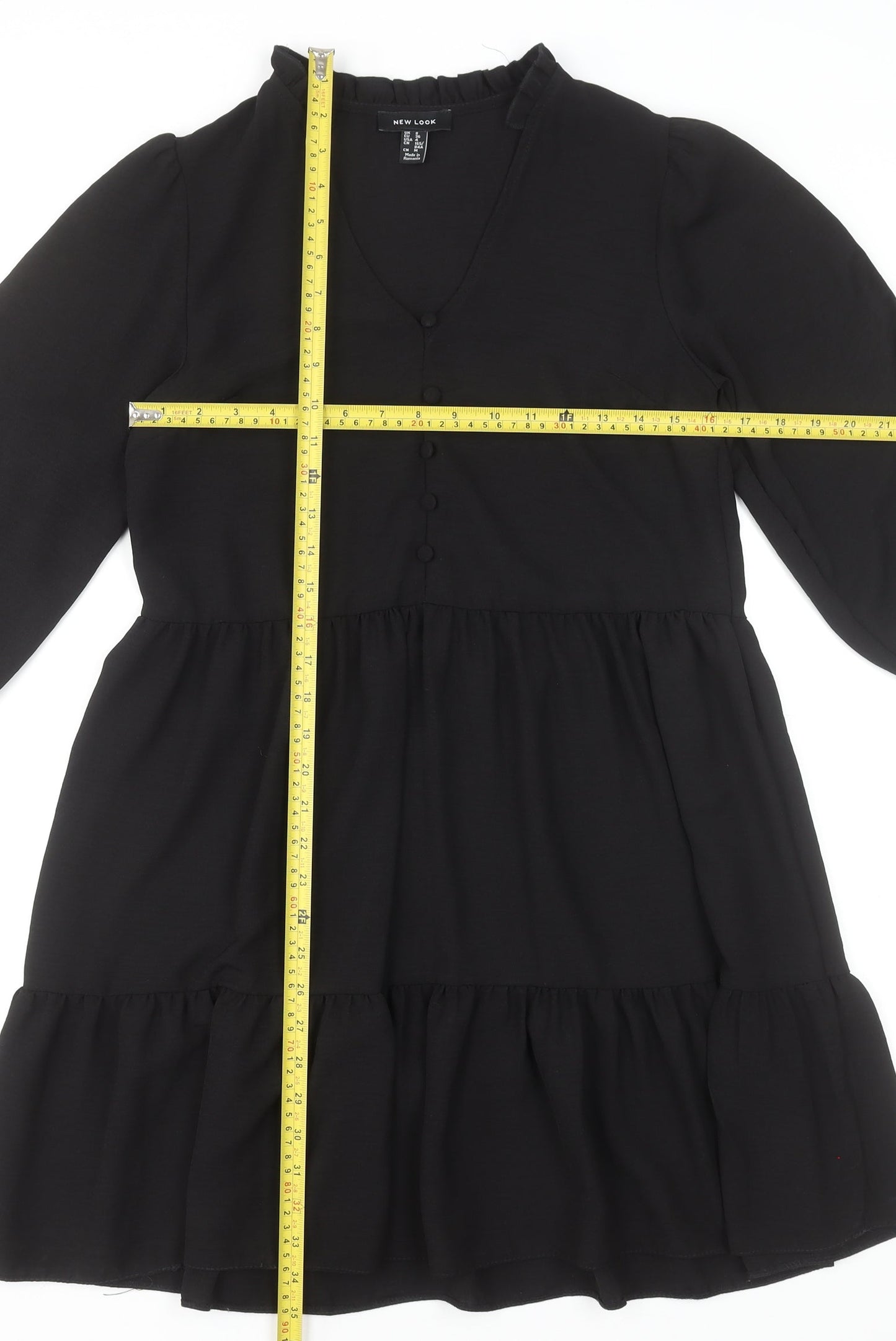 New Look Women Black Size 8 Short Smock Dress 3/4 Sleeve V-Neck