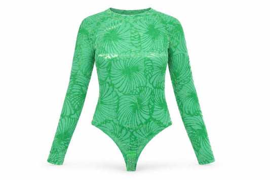 By Swan Paris Green Long Sleeve Bodysuit Women's Size M Floral Mesh Jumpsuit