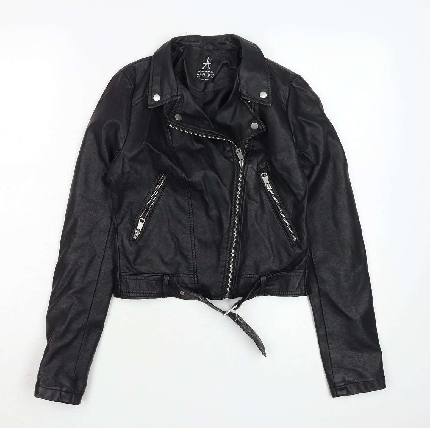 Atmosphere Women Black Faux Leather Biker Jacket Size 4 Belted Zip