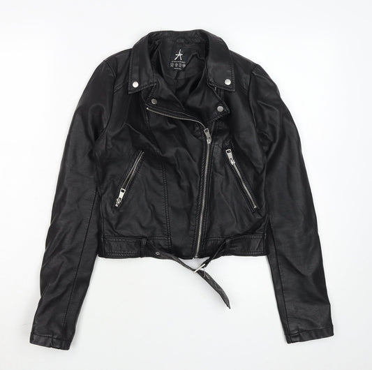 Atmosphere Women Black Faux Leather Biker Jacket Size 4 Belted Zip