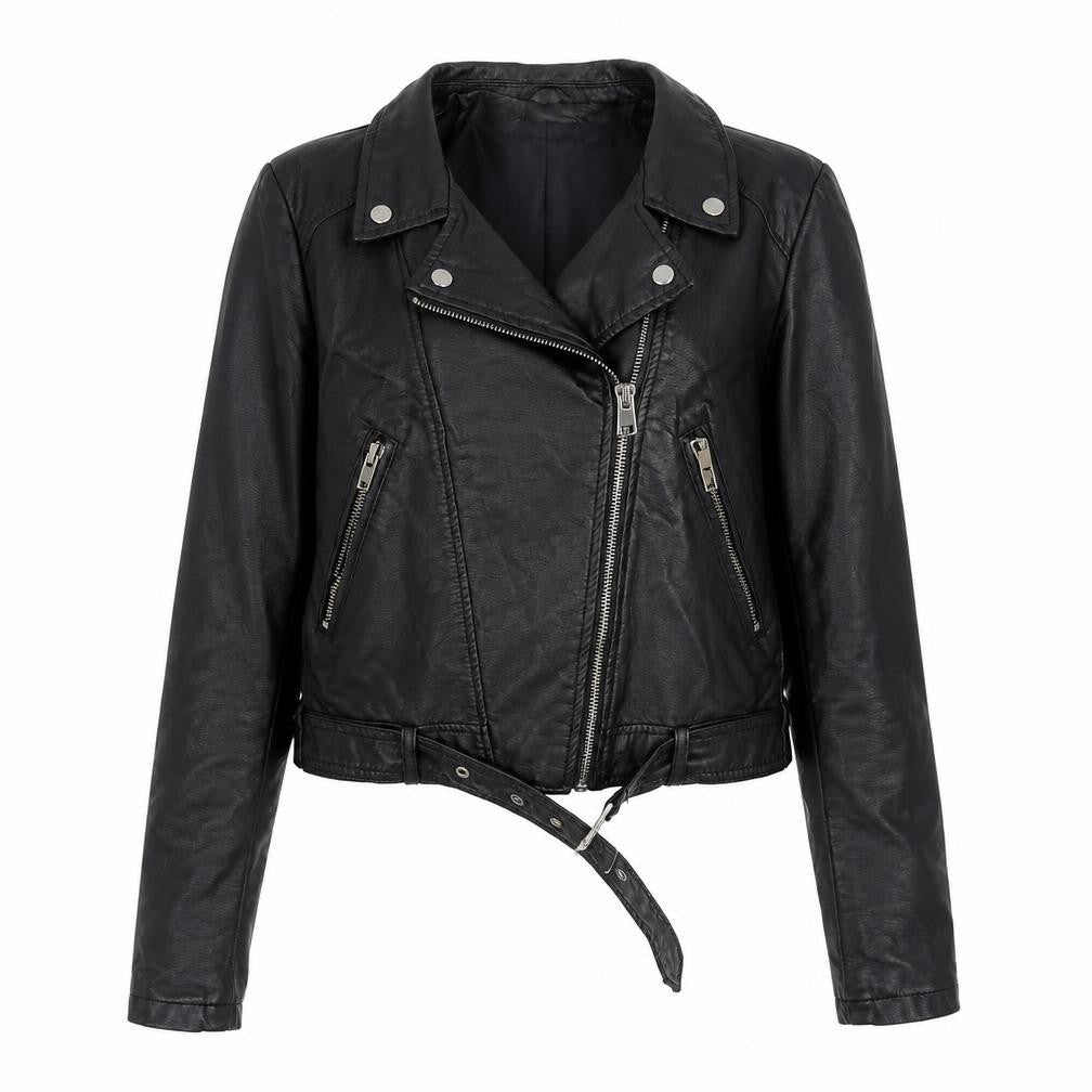 Atmosphere Women Black Faux Leather Biker Jacket Size 4 Belted Zip