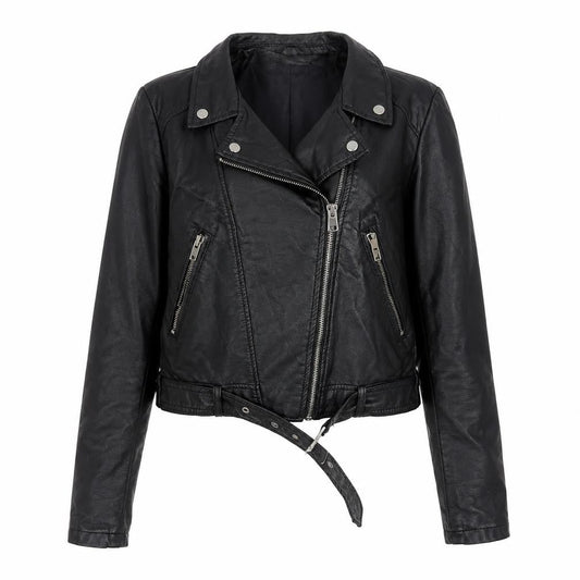 Atmosphere Women Black Faux Leather Biker Jacket Size 4 Belted Zip