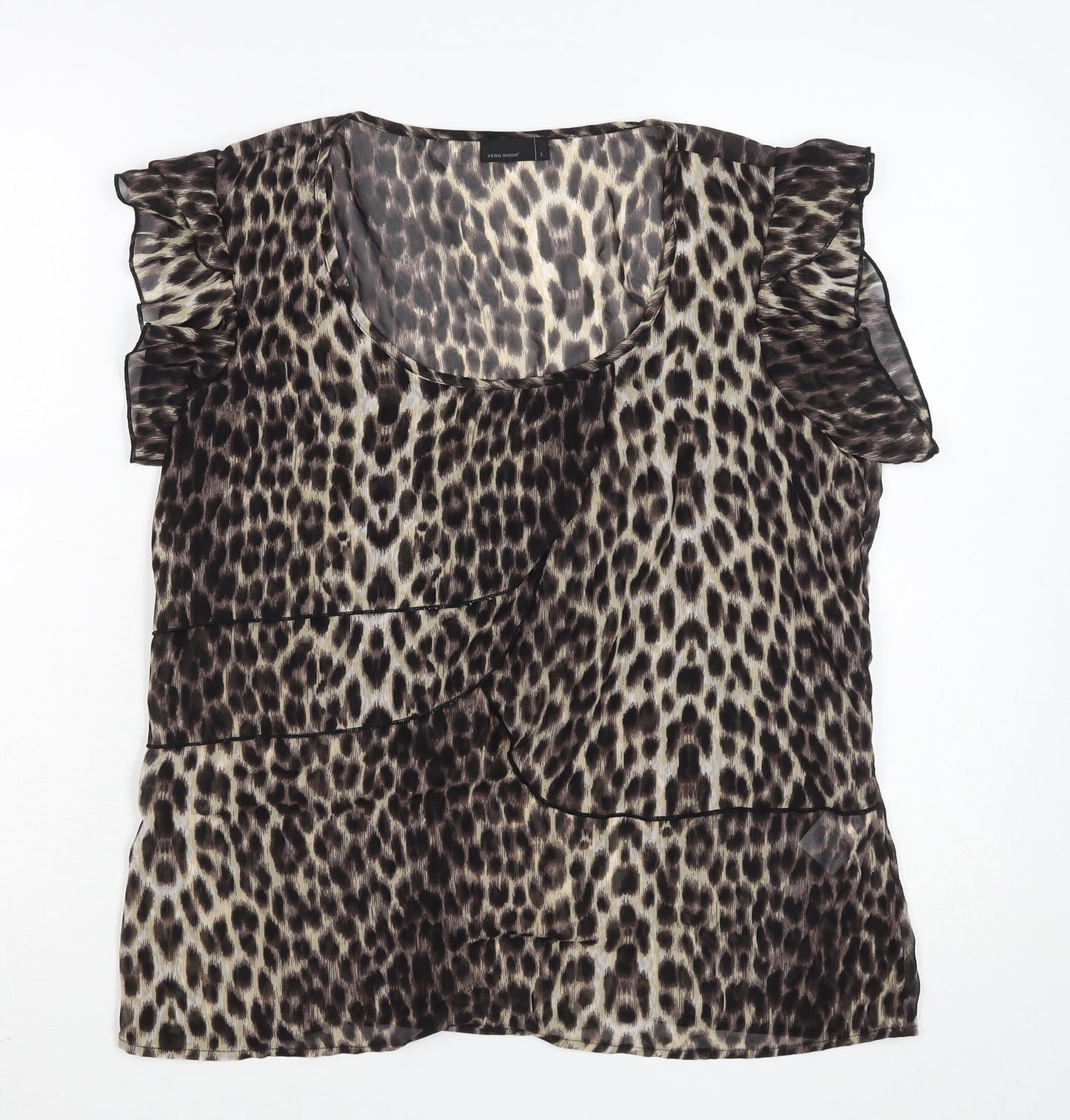 Vero Moda Women's Brown Animal Print Ruffle Chiffon Blouse Size L