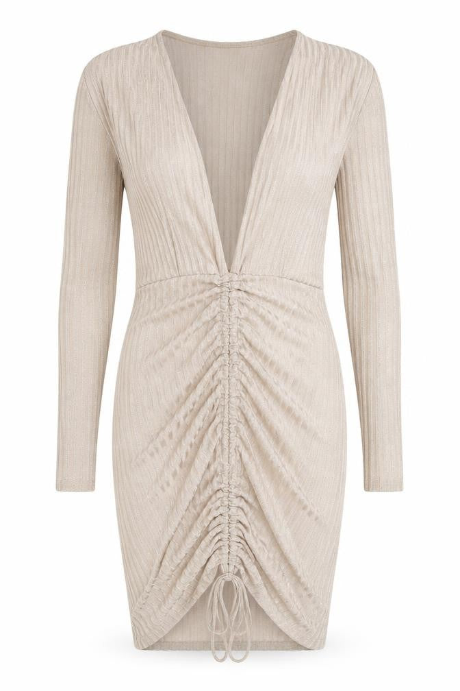 PRETTYLITTLETHING Women’s Beige Ruched Bodycon Long Sleeve Dress Size 8