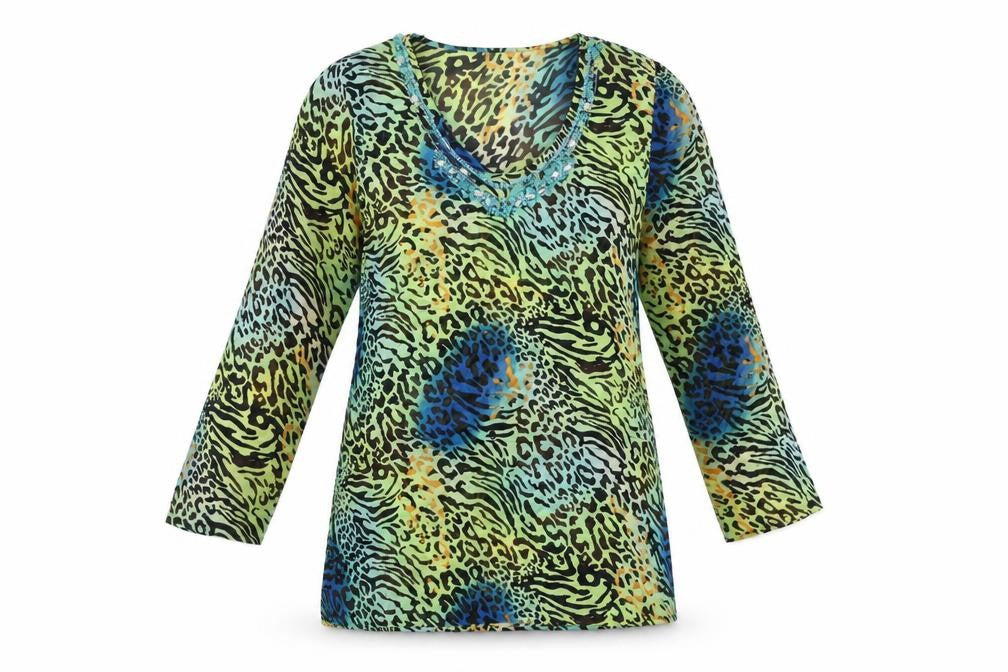 St. Bernard for Dunnes Stores Women's Multicoloured Animal Print Beaded V-Neck Tunic Blouse Size S