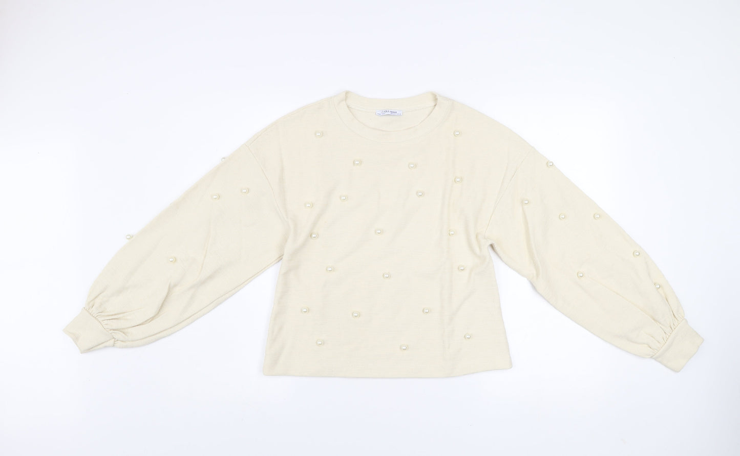 ZARA Women Beige Pearl Beaded Knit Balloon Sleeve Jumper Size 12