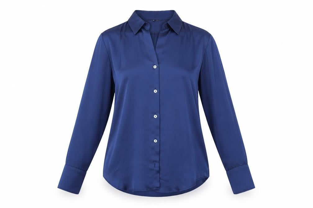 Zara Women Blue Collared Satin Long Sleeve Button Blouse Size S