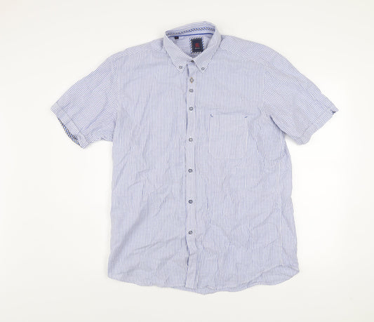 André Jeanswear Men's Blue Striped Cotton Short Sleeve Button-Up Shirt L